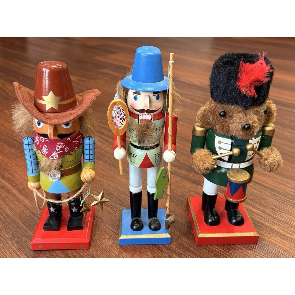 (3) Wooden 10 Inch Nutcracker Figures Cowboy Fisherman And‎ Teddy Bear